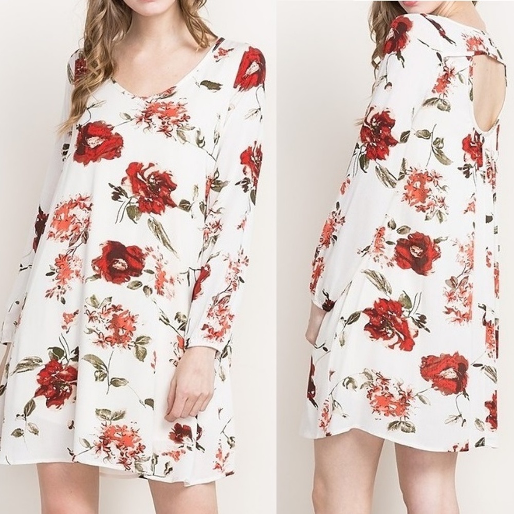 Bohemian Floral Print Long Sleeve Shift Dress